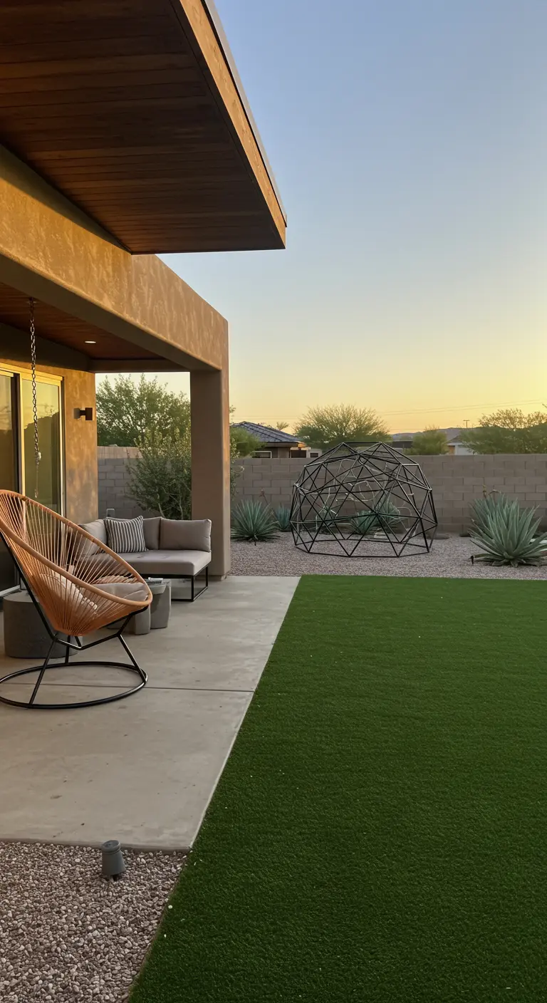 Patio de estilo desértico moderno con cúpula geodésica, agaves y un sofá bajo un porche de cemento.
