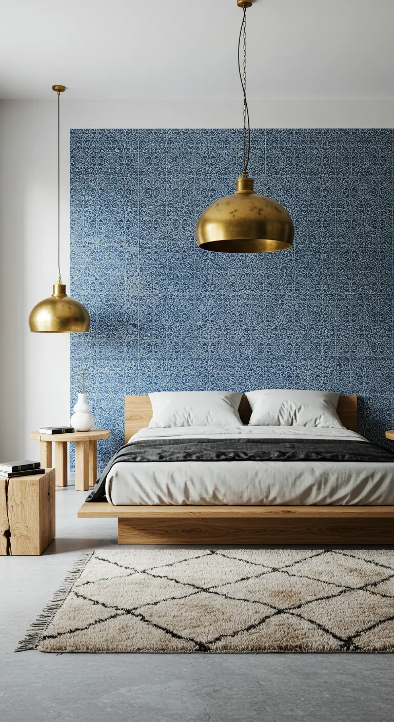 Dormitorio moderno con pared de acento azul, cama de madera y lámparas de latón