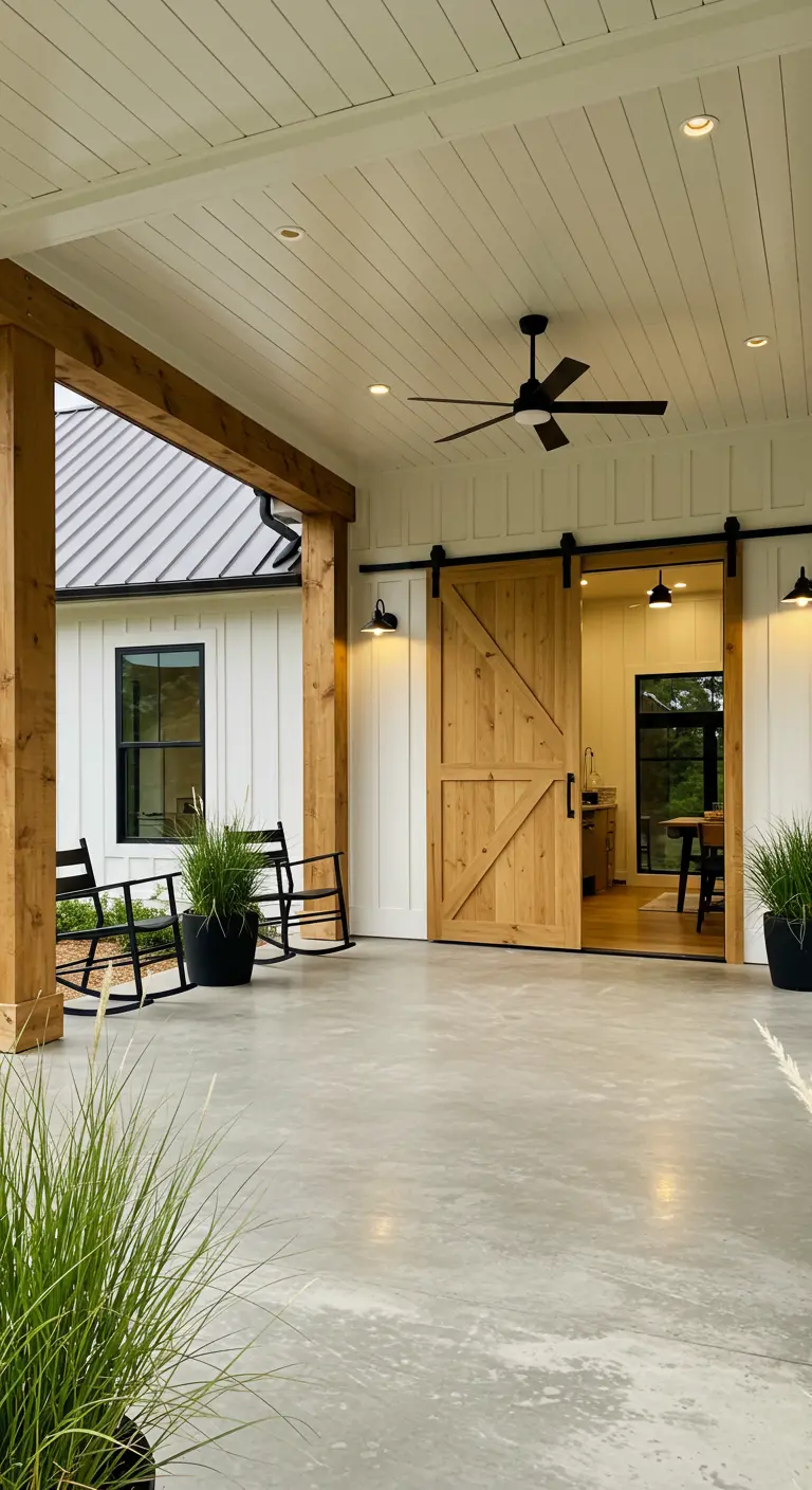 Porche moderno con suelo de hormigón, columnas de madera y una puerta de granero corrediza de madera.
