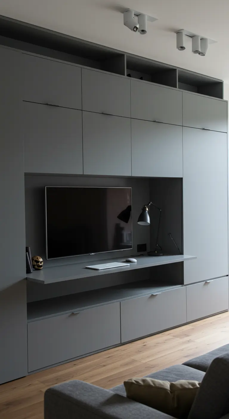 Mueble de TV gris moderno con una balda extraíble que funciona como escritorio.