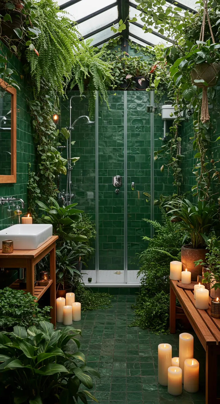 Baño exuberante con azulejos verdes, lleno de plantas tropicales y velas.