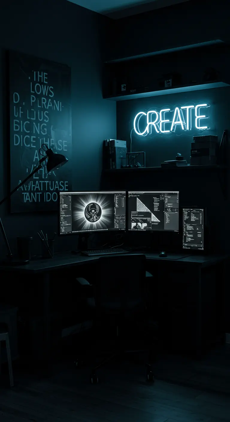 Estudio oscuro con múltiples monitores y un letrero de neón azul que dice 'CREATE'