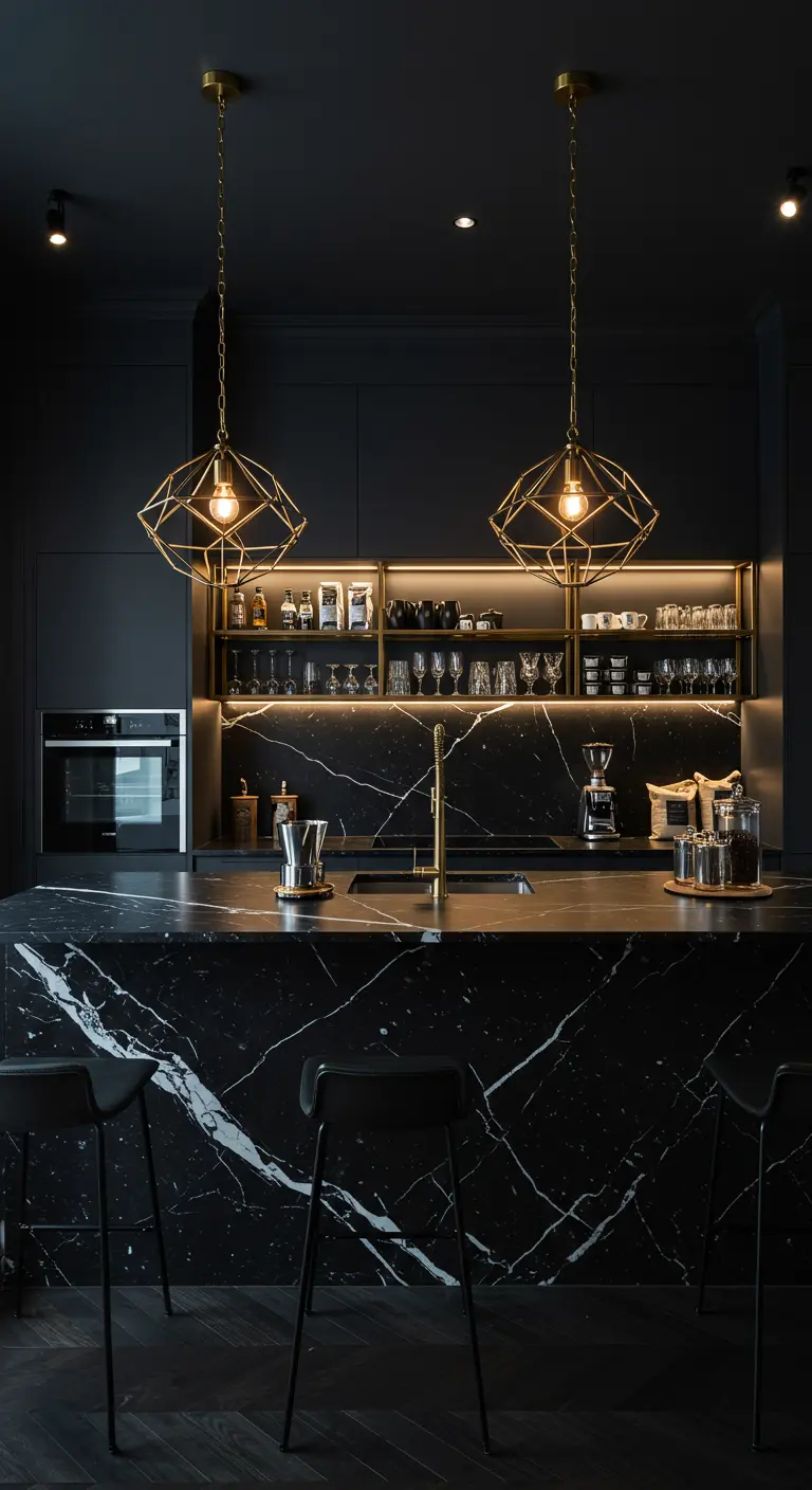 Cocina de lujo en negro total con una isla de mármol veteado y lámparas doradas geométricas.