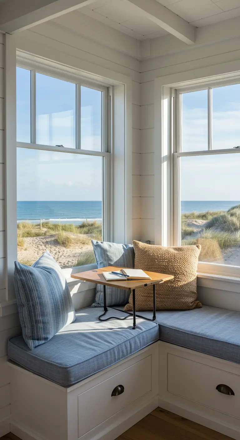 Banco bajo una ventana con cojines azules y vistas directas a la playa y el mar.