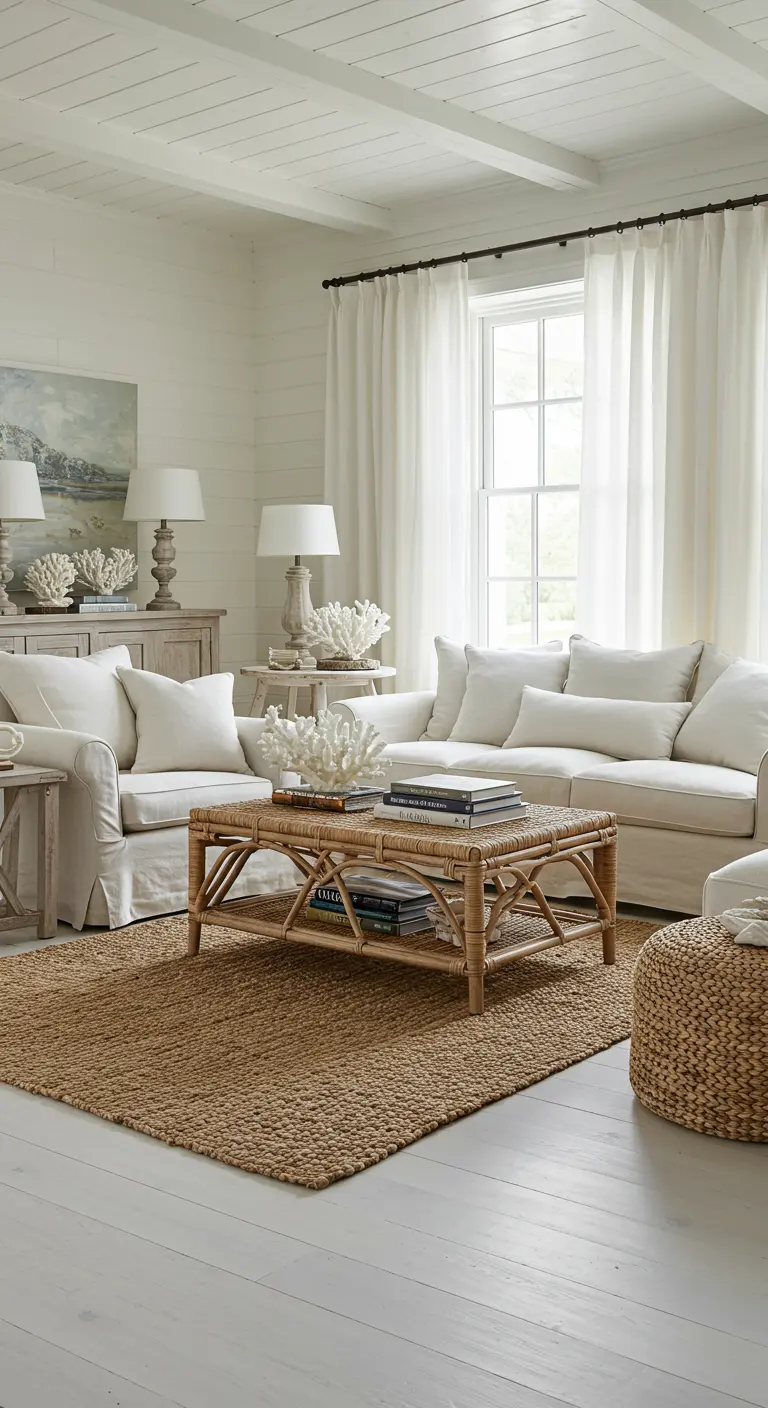 Sala de estar de estilo costero con sofás blancos, mesa de ratán y decoración de coral.