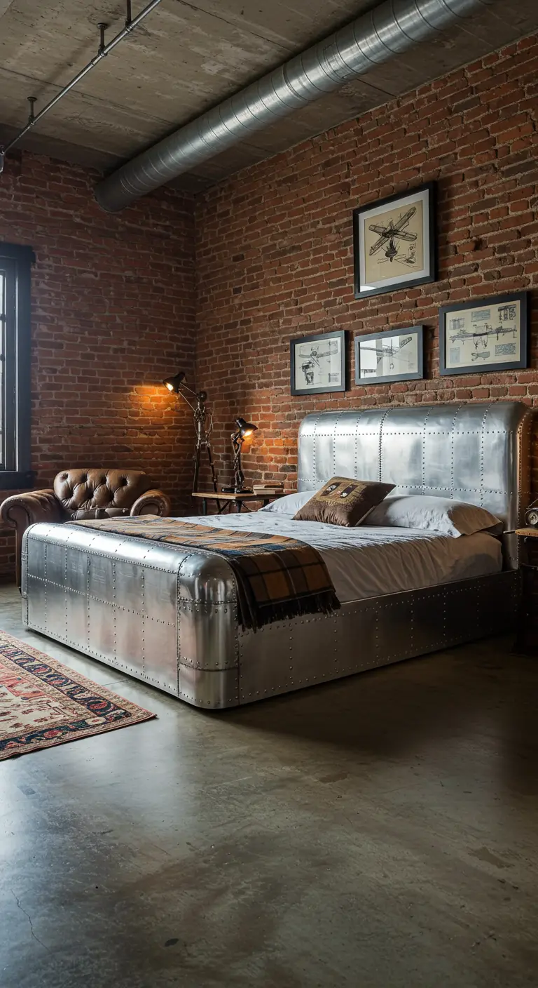 Dormitorio de estilo industrial con cama de metal remachado y pared de ladrillo visto.