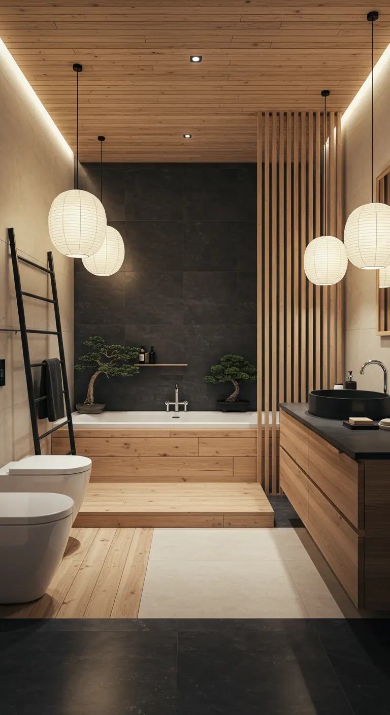 Baño de estilo Japandi con madera, listones separadores, bañera elevada y lámparas de papel.
