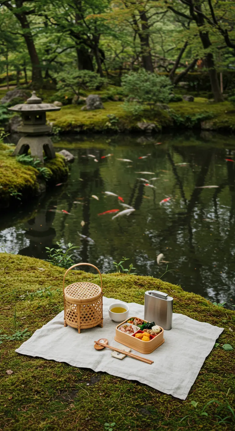 Picnic de estilo japonés con una caja bento y té junto a un estanque koi.