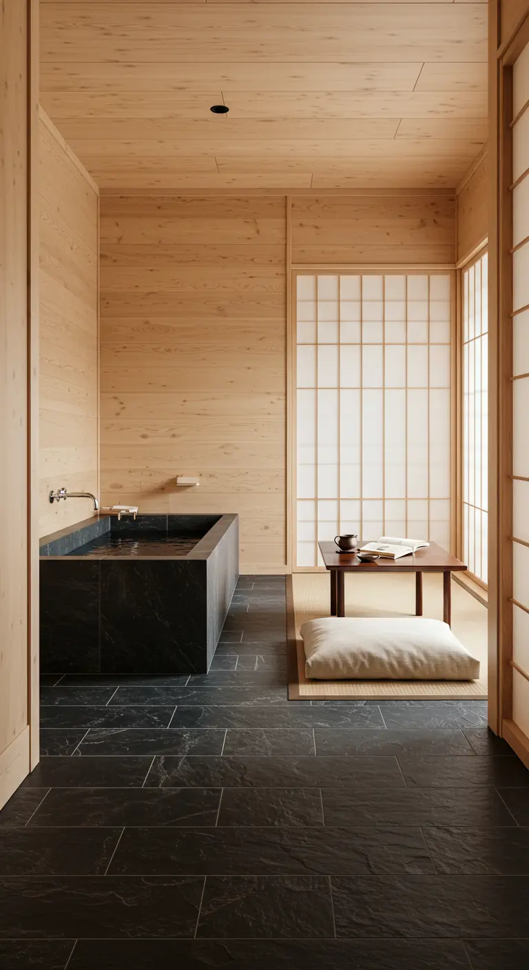 Baño de inspiración japonesa con paredes de madera, bañera de piedra negra y mesa baja.