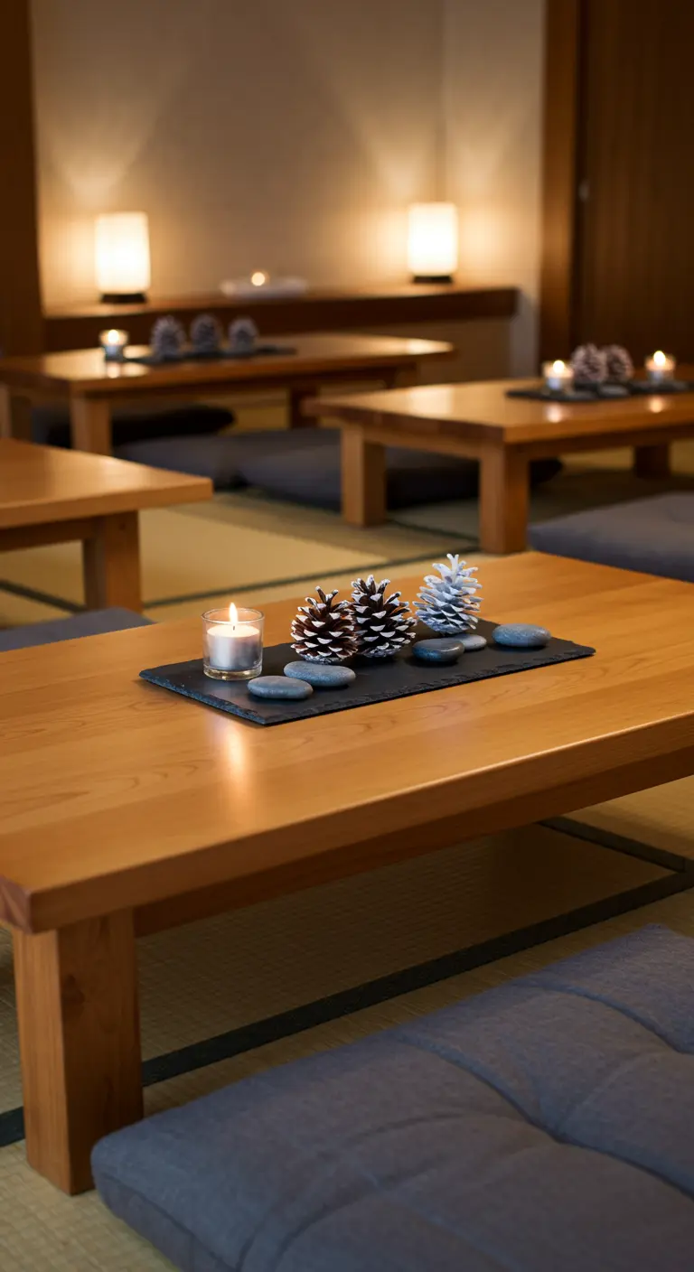Mesa de madera baja con un centro de mesa minimalista de piñas, piedras y una vela.