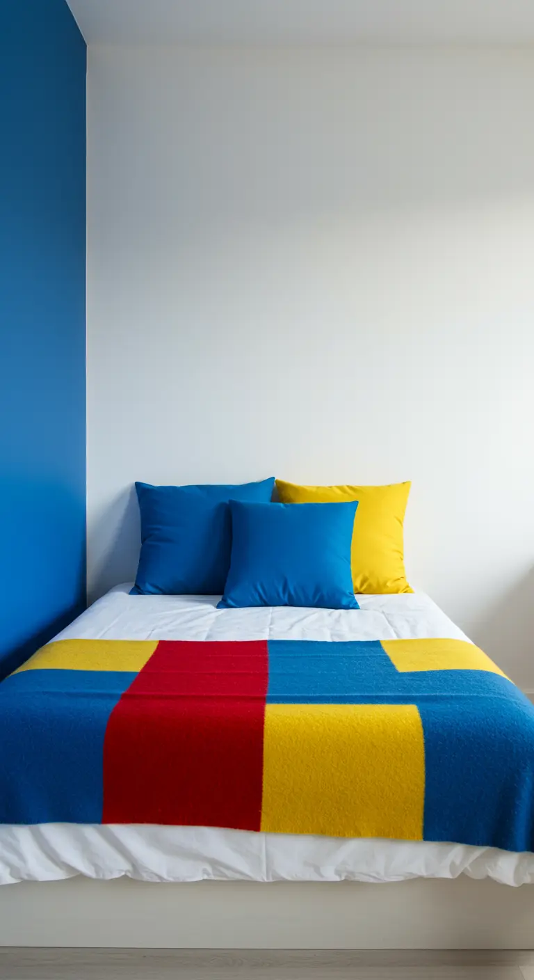 Cama con manta de bloques de color rojo, amarillo y azul, y cojines a juego.