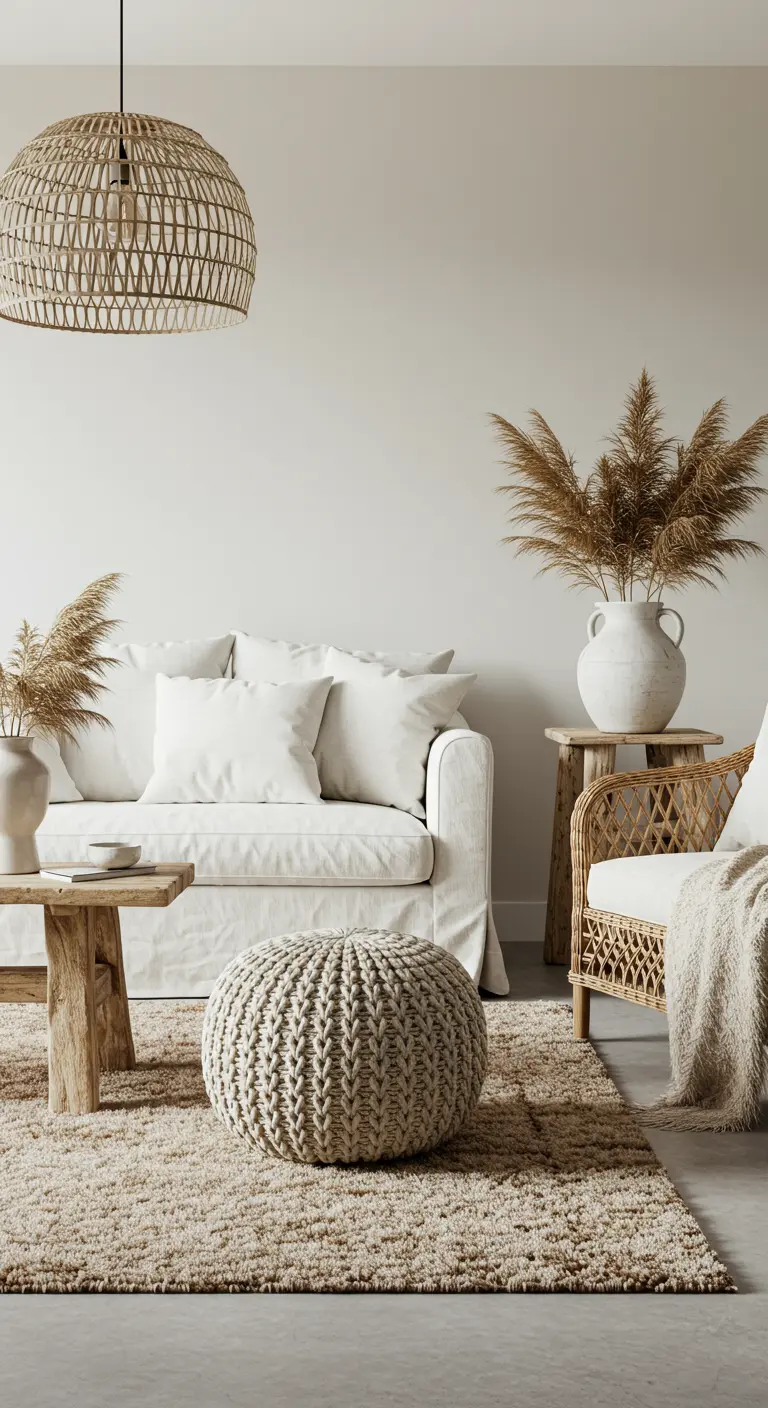 Salón monocromático en tonos beige con sofá de lino, puf de punto y hierba de la pampa.