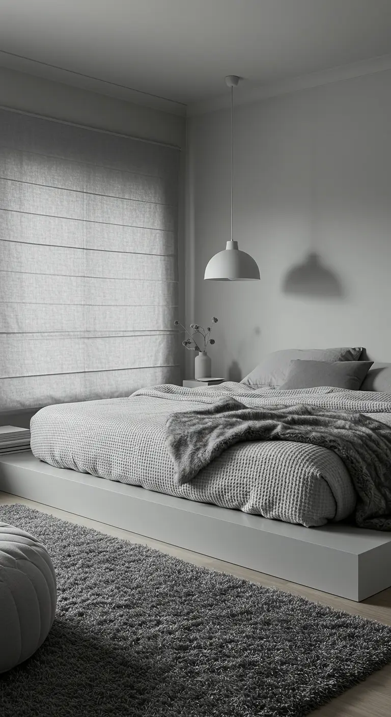 Dormitorio monocromático en tonos grises con diferentes texturas en la ropa de cama, alfombra y cortinas.
