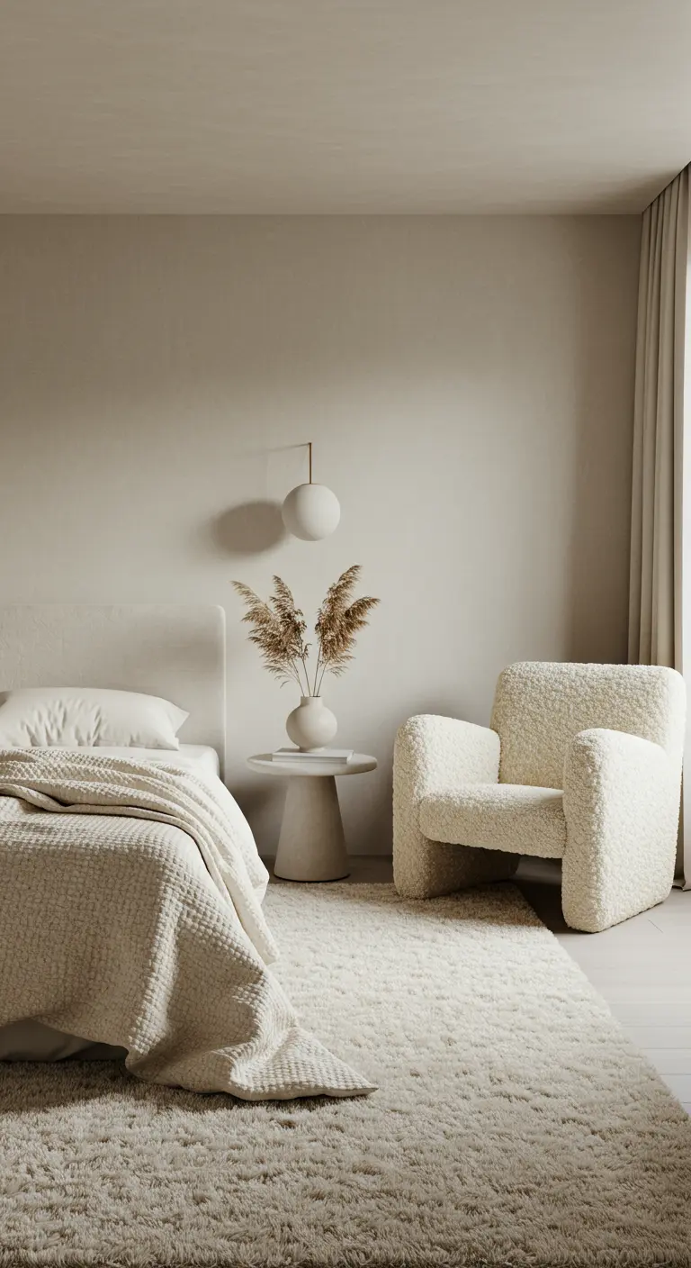 Dormitorio monocromático en tonos crema con sillón de bouclé y alfombra mullida.