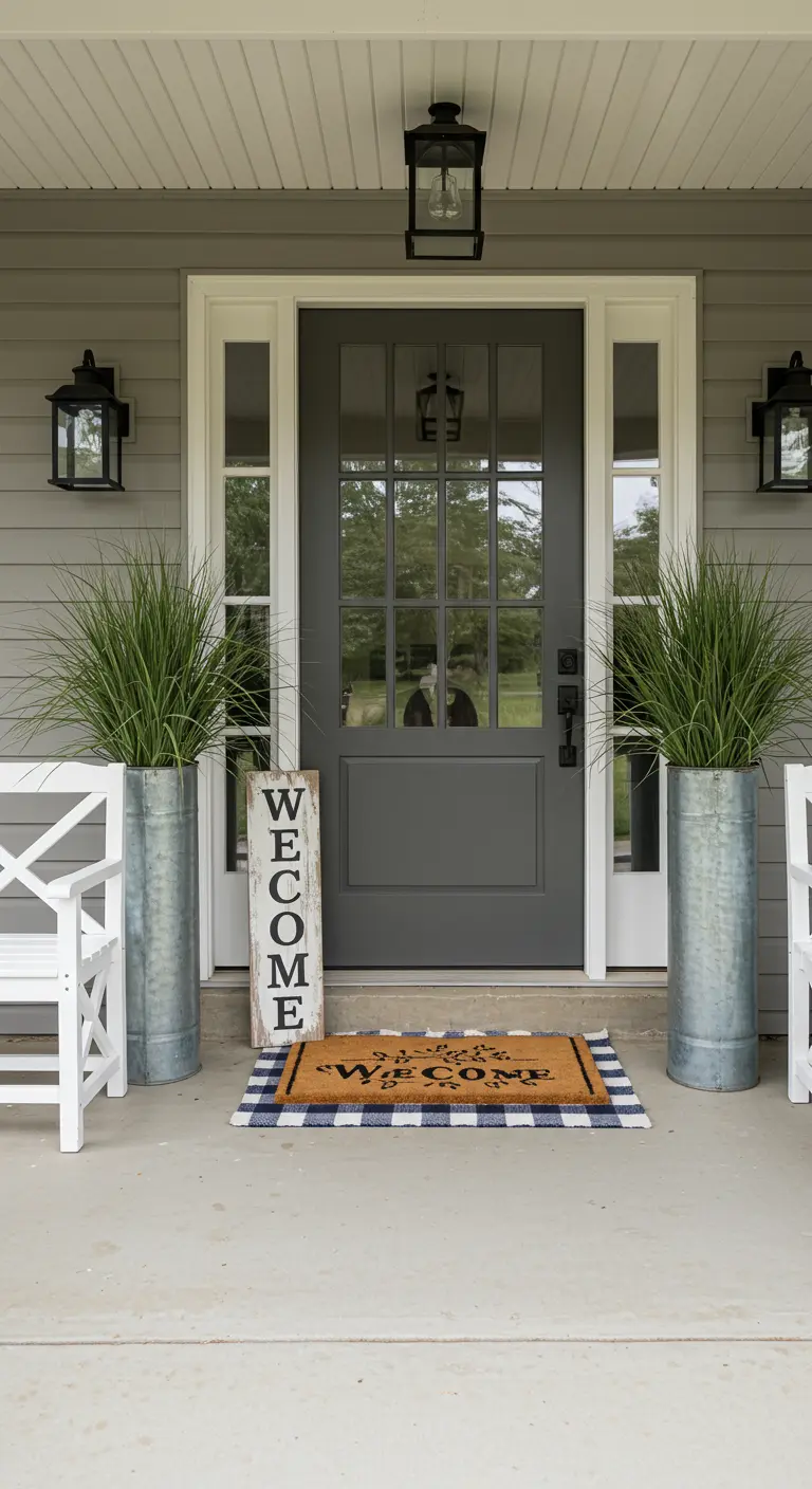 Entrada de casa gris con banco blanco, letrero de madera y maceteros altos de metal.
