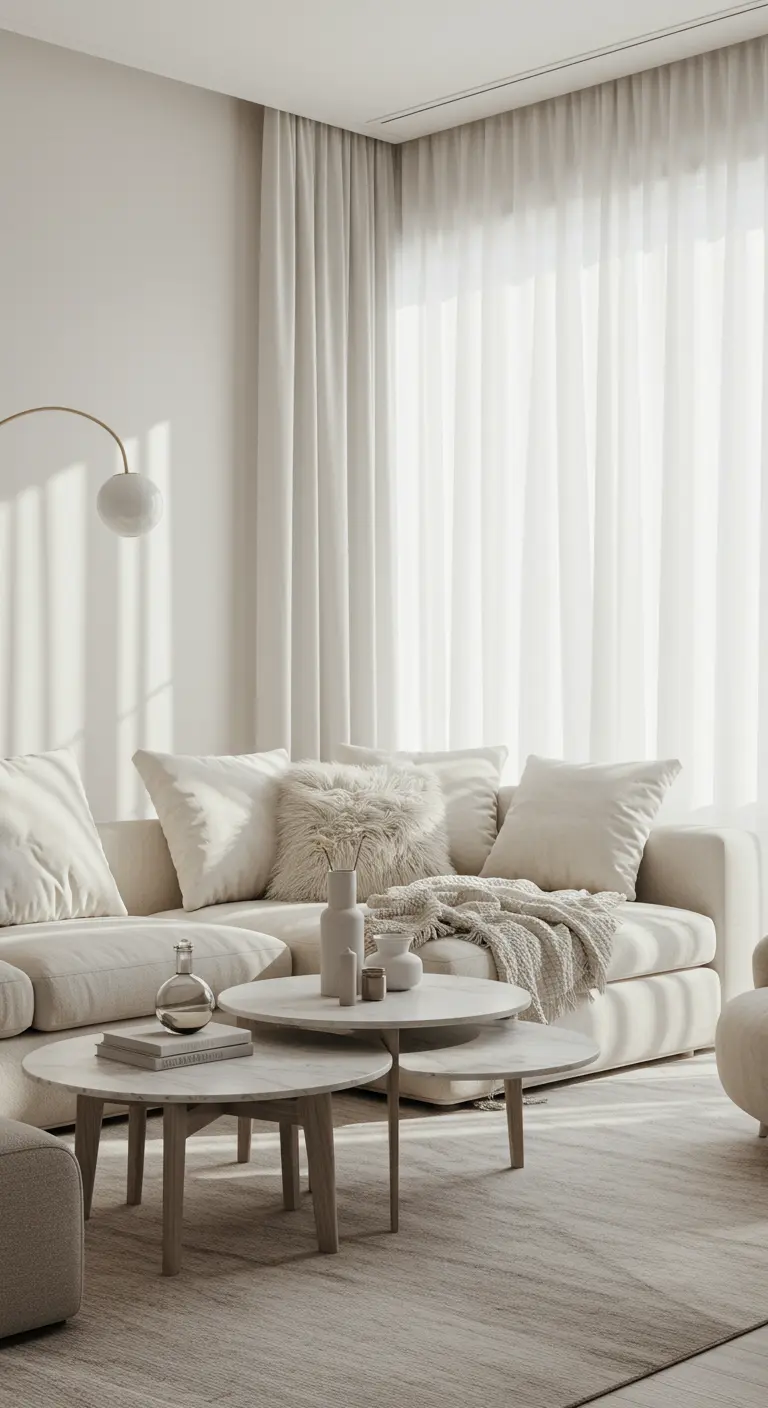 Sofá beige claro con cojines de diferentes texturas y mesas de centro redondas