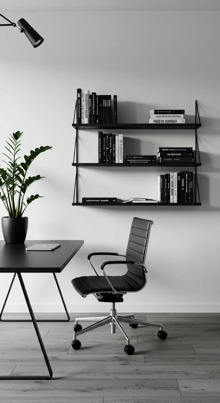 Espacio de trabajo monocromático con escritorio, silla y estanterías negras y una planta ZZ.