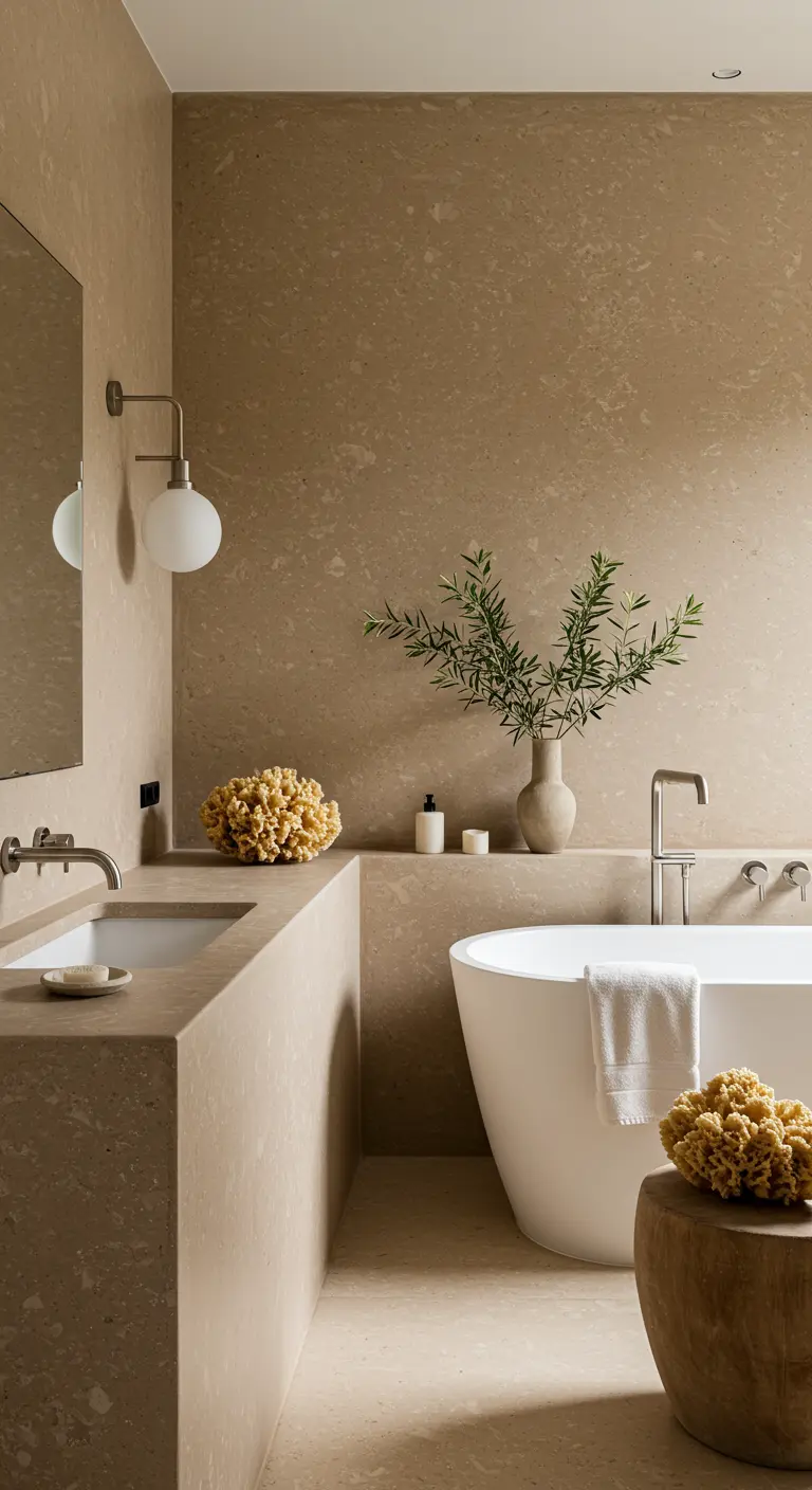 Baño lujoso revestido completamente de piedra caliza en tonos arena, con esponjas marinas.