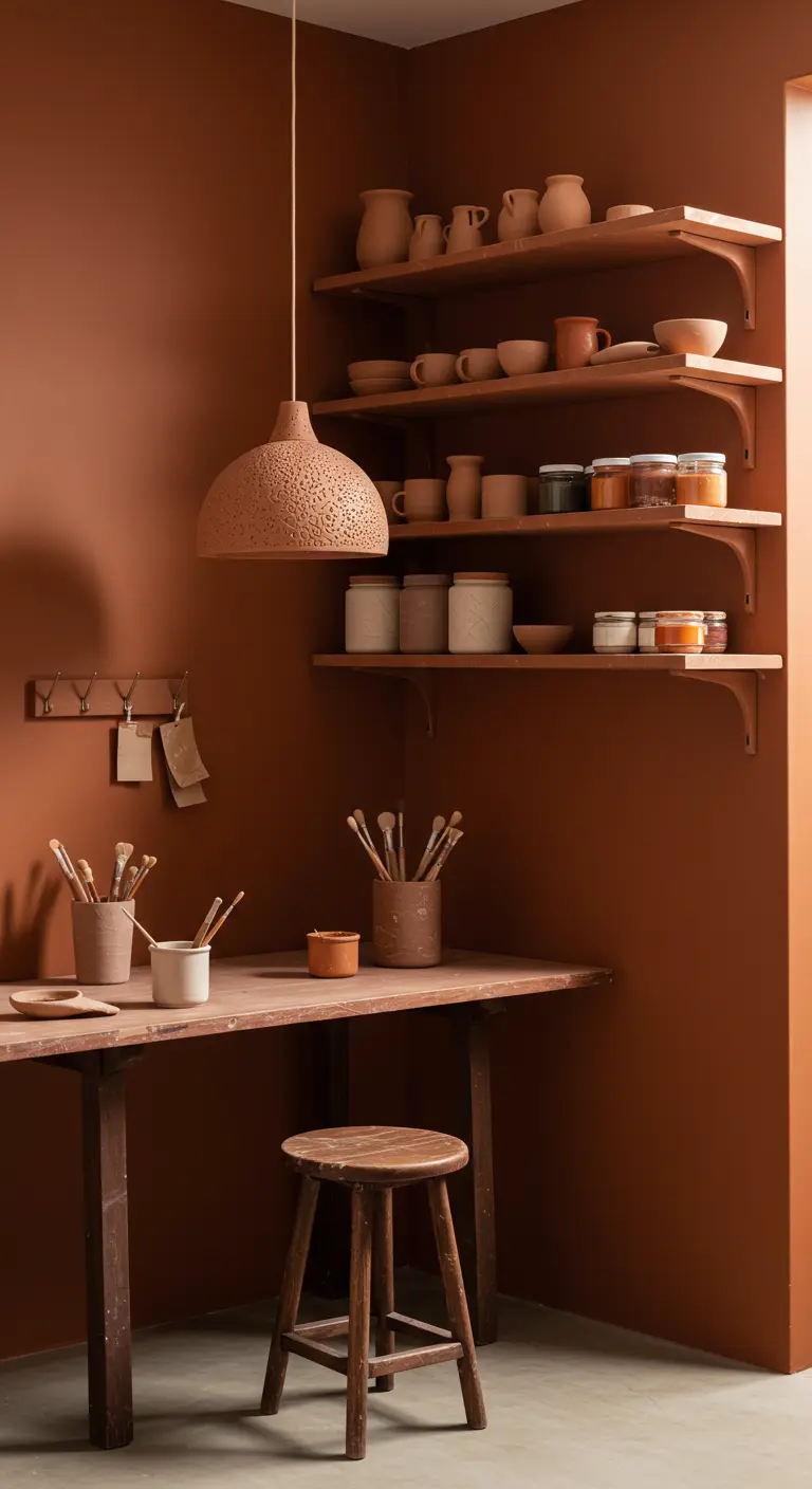 Rincón de cerámica monocromático en tonos terracota con estanterías y lámpara de arcilla.