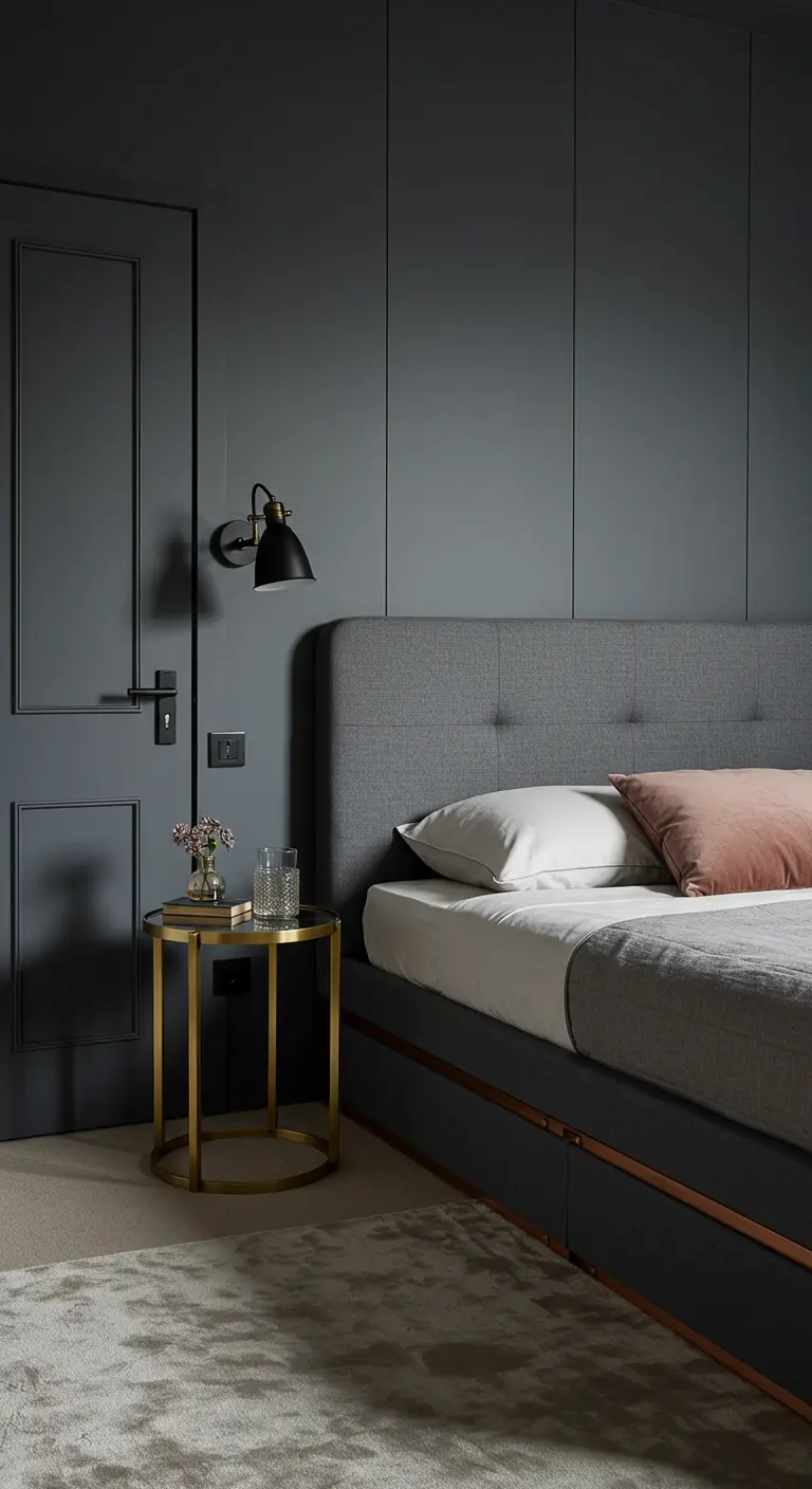 Mesita de noche dorada junto a una cama gris en un dormitorio monocromático.