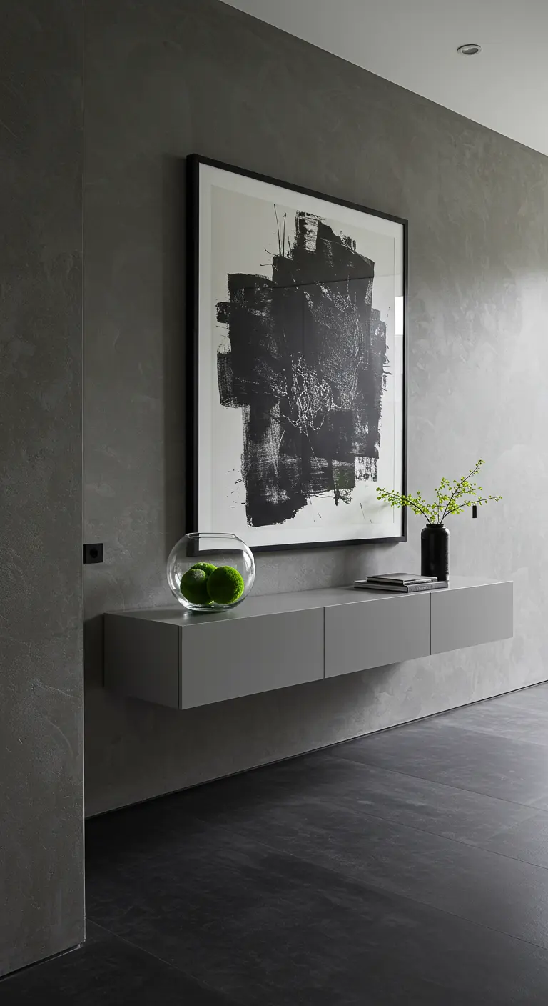 Entrada con paredes grises, consola flotante gris y un gran cuadro abstracto.