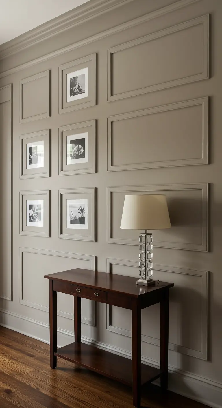 Pared de recibidor en color gris pardo con molduras y cuadros enmarcados del mismo tono.