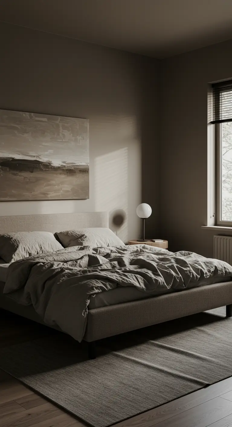 Dormitorio monocromático en tonos topo, con cama tapizada y cuadro abstracto en la pared.