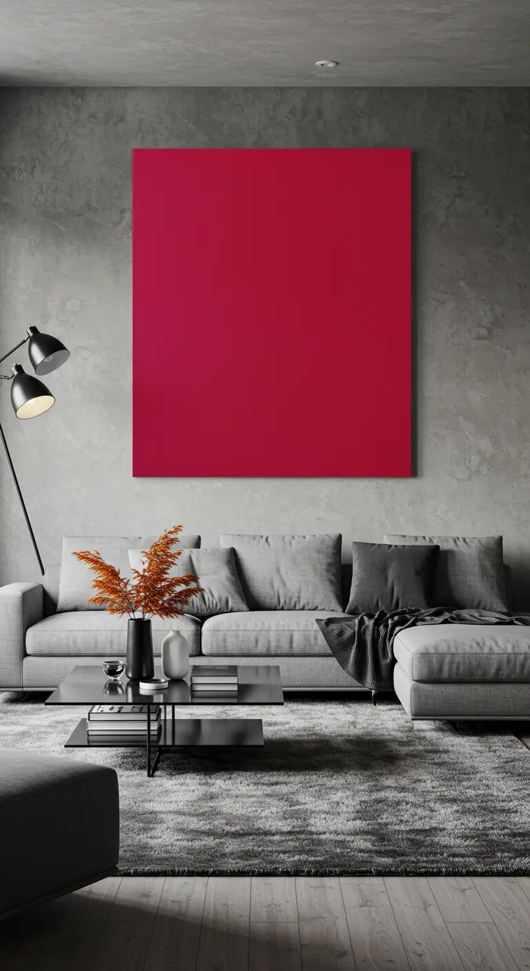 Sala industrial con un enorme lienzo de color rojo magenta sólido sobre un sofá modular gris.
