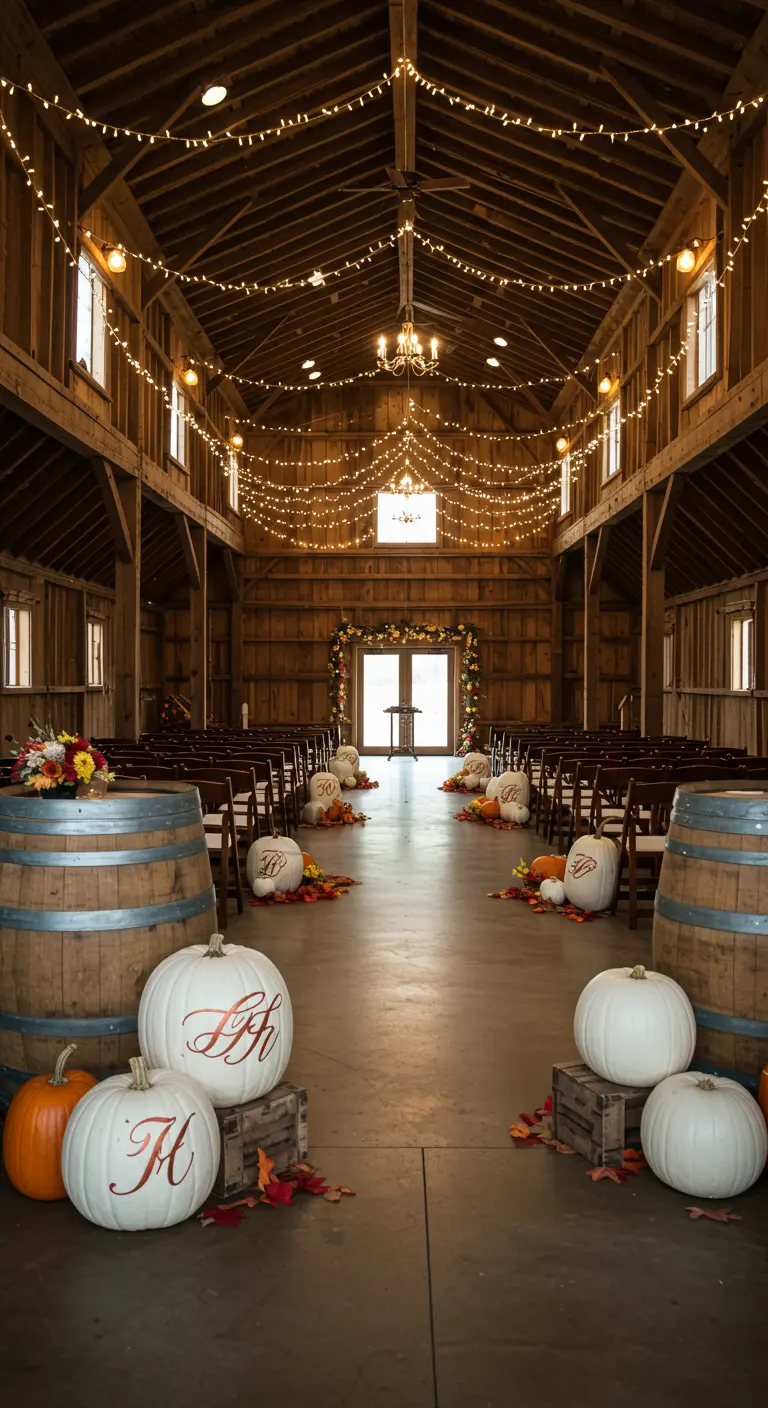 Pasillo de boda en un granero rústico flanqueado por calabazas blancas con monogramas elegantes.