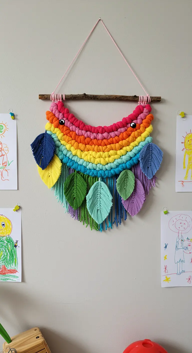 Tapiz de macramé infantil con forma de monstruo arcoíris y hojas de colores