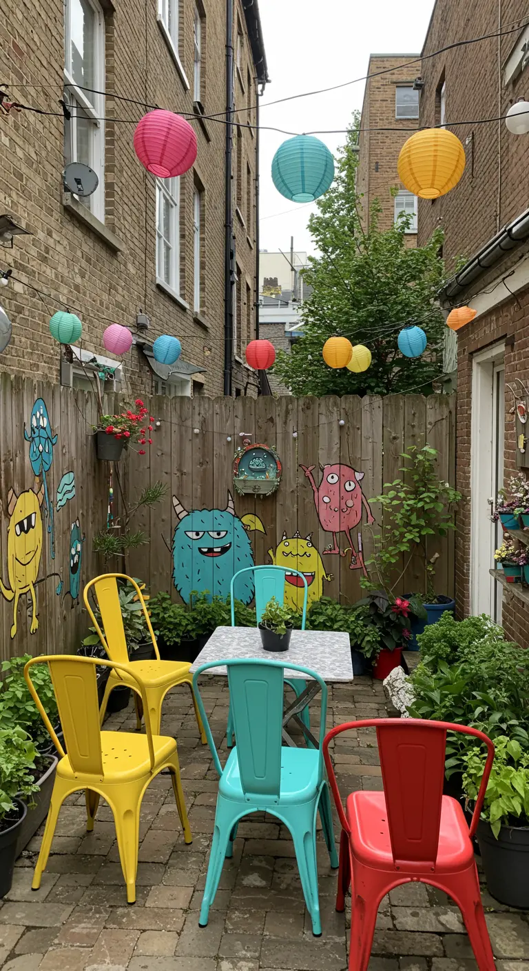 Patio trasero con una valla de madera decorada con grafitis de monstruos de colores y sillas metálicas