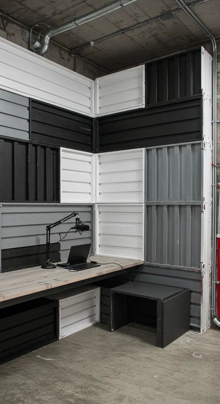 Zona de podcast con paredes que simulan un contenedor de carga en blanco, gris y negro.