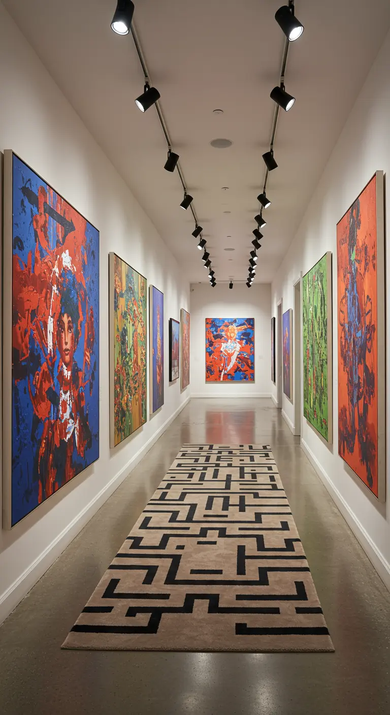Pasillo blanco convertido en galería de arte con cuadros abstractos y focos en el techo.