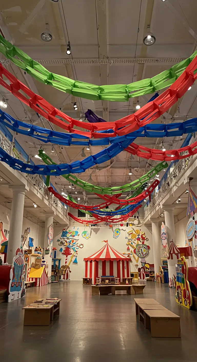 Gran sala de exposiciones con guirnaldas de cadenas de papel de colores cruzando el techo.