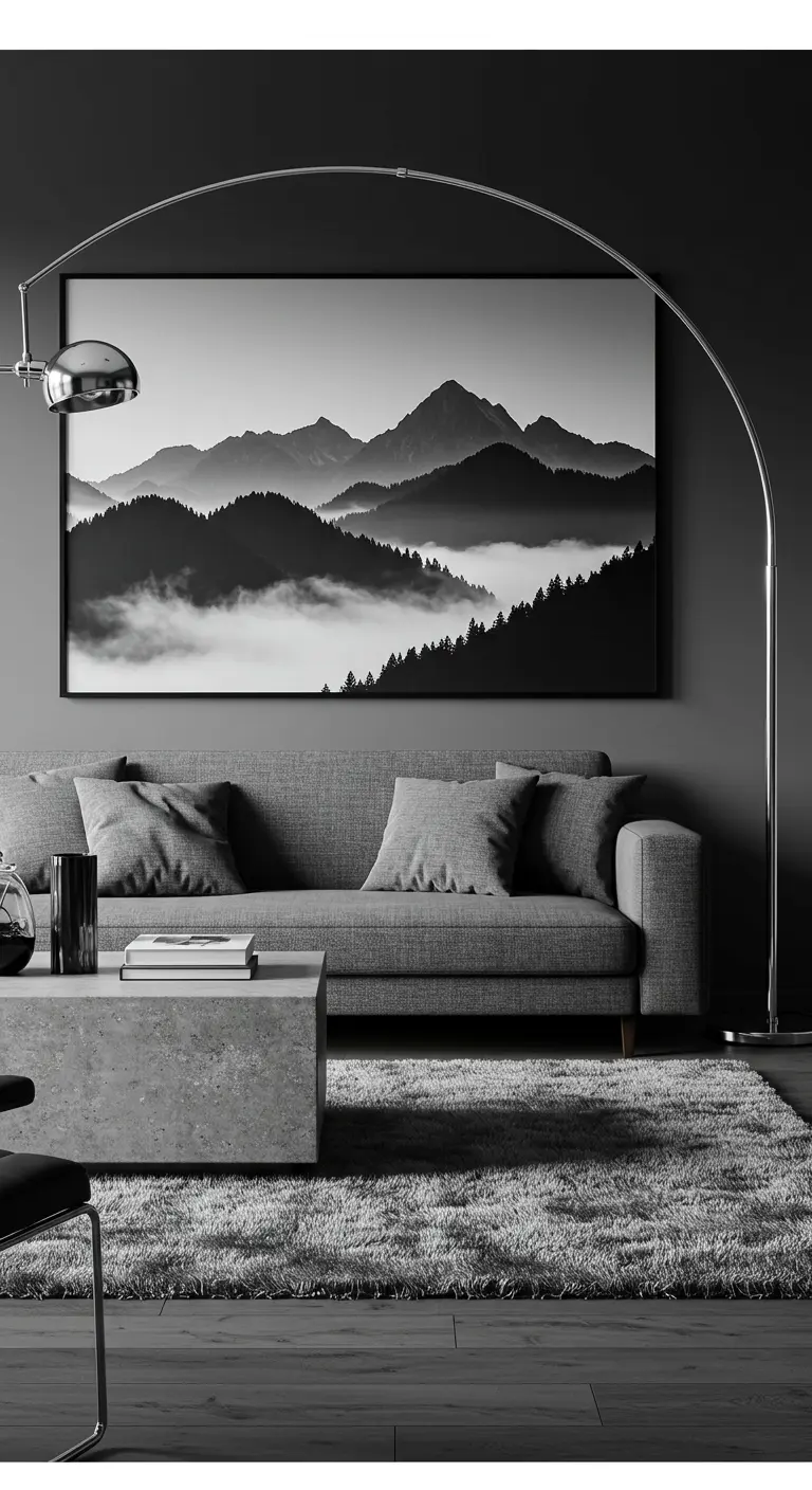 Sala moderna en tonos grises con un gran cuadro de un paisaje de montañas en blanco y negro.