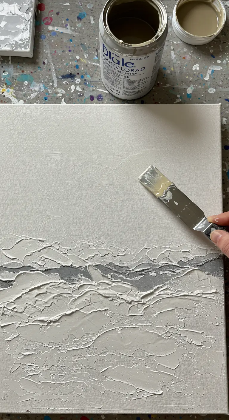 Creando una textura de picos blancos sobre un fondo gris con una espátula.