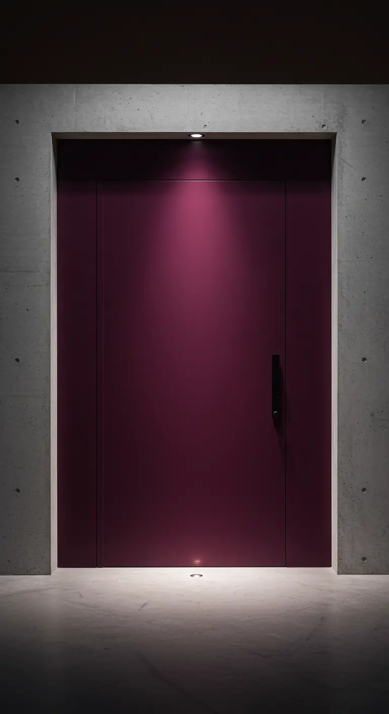 Puerta minimalista de color morado berenjena en una pared de hormigón, iluminada por un foco cenital