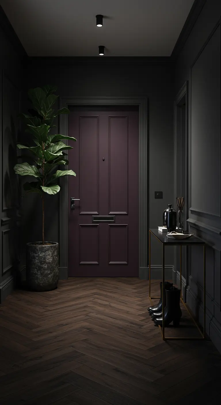 Recibidor oscuro y elegante con paredes y puerta en tono berenjena y suelo de madera.