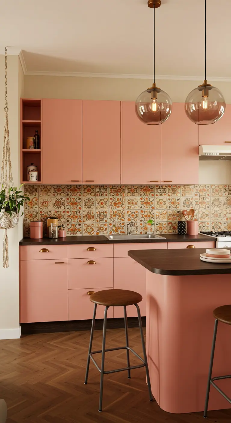 Cocina ecléctica con gabinetes en rosa coral y un vibrante salpicadero de azulejos estampados.