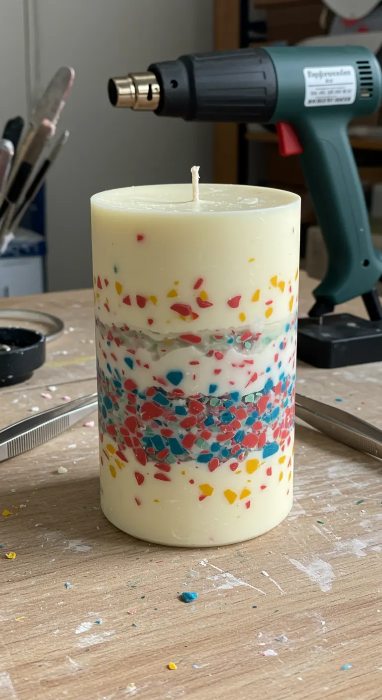 Proceso de creación de una vela estilo terrazo con trozos de cera de colores incrustados.