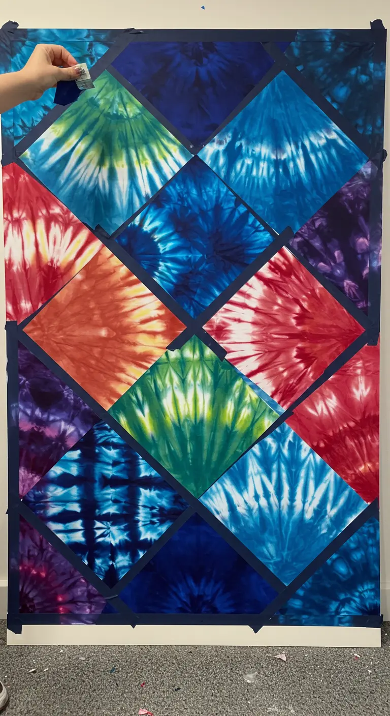 Creación de un gran mural de patchwork con cuadrados de tela tie-dye de varios colores.
