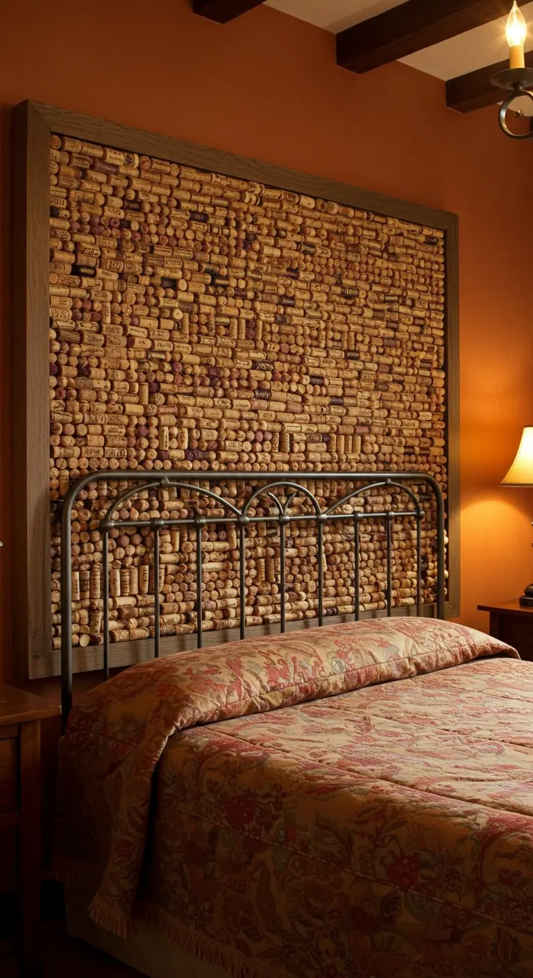 Cabecera enmarcada rellena con un mosaico denso de corchos de vino reciclados.