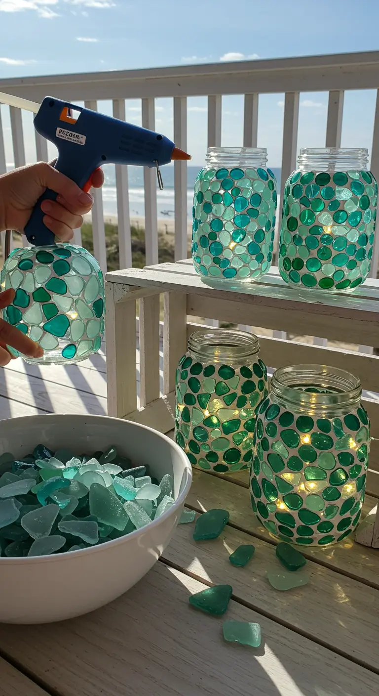 Persona usando una pistola de pegamento caliente para crear un mosaico con cristales de mar en un frasco.