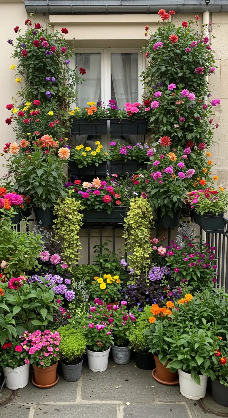 Balcón con una estructura vertical llena de macetas con flores de colores vivos como dalias y zinnias.