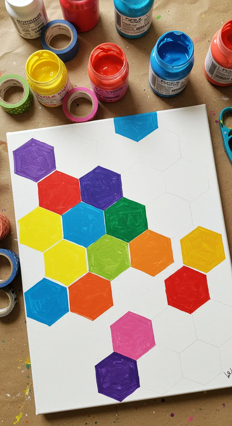 Lienzo a medio pintar con un patrón de hexágonos de colores vivos como un arcoíris.