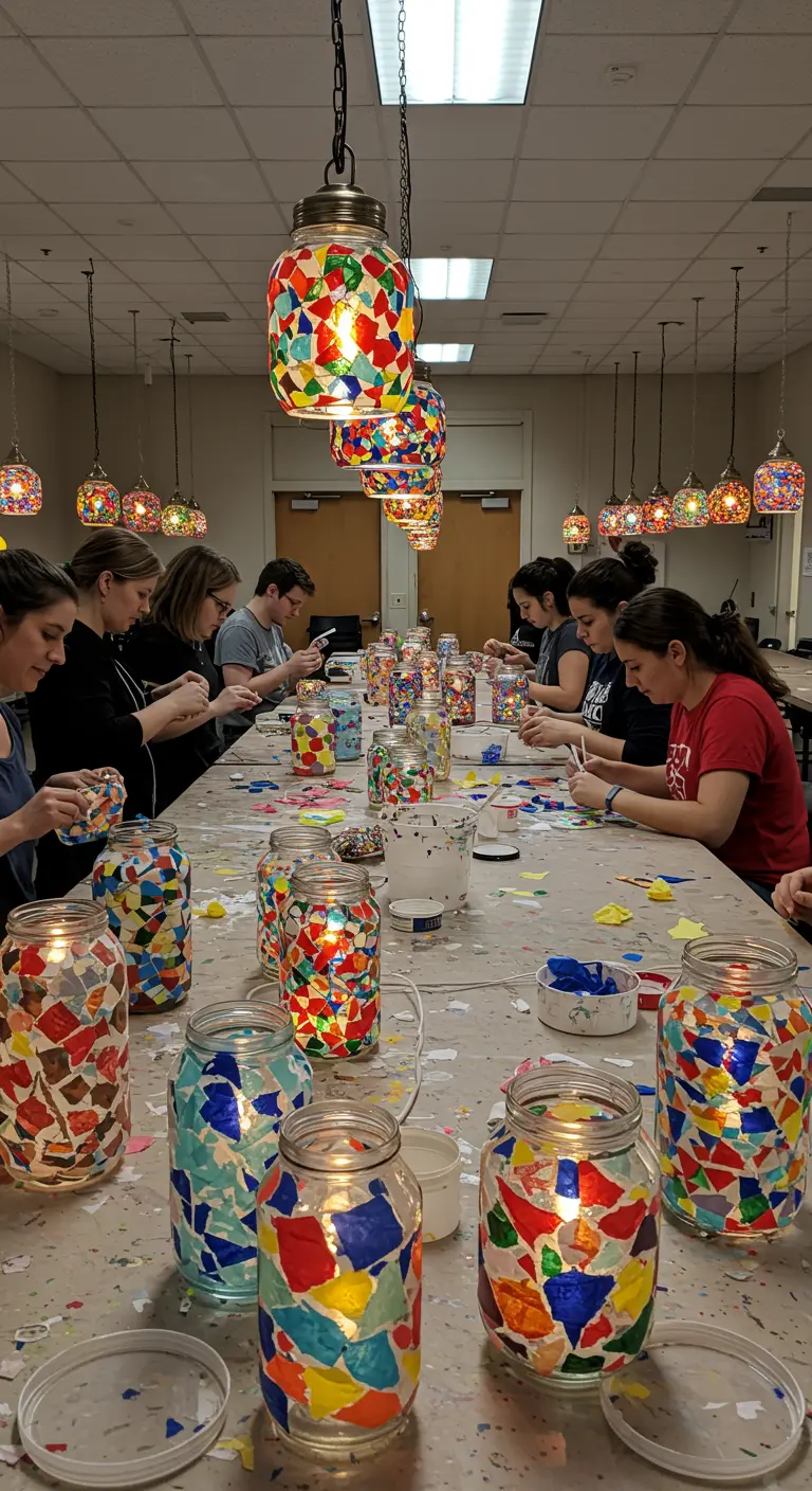Taller de manualidades donde se crean lámparas colgantes con mosaicos de vidrio de colores.