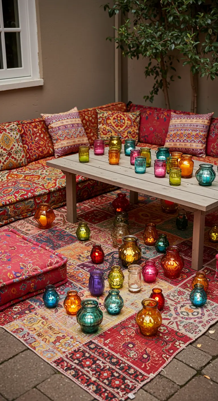 Patio bohemio con alfombras étnicas y multitud de pequeños portavelas de colores en el suelo.