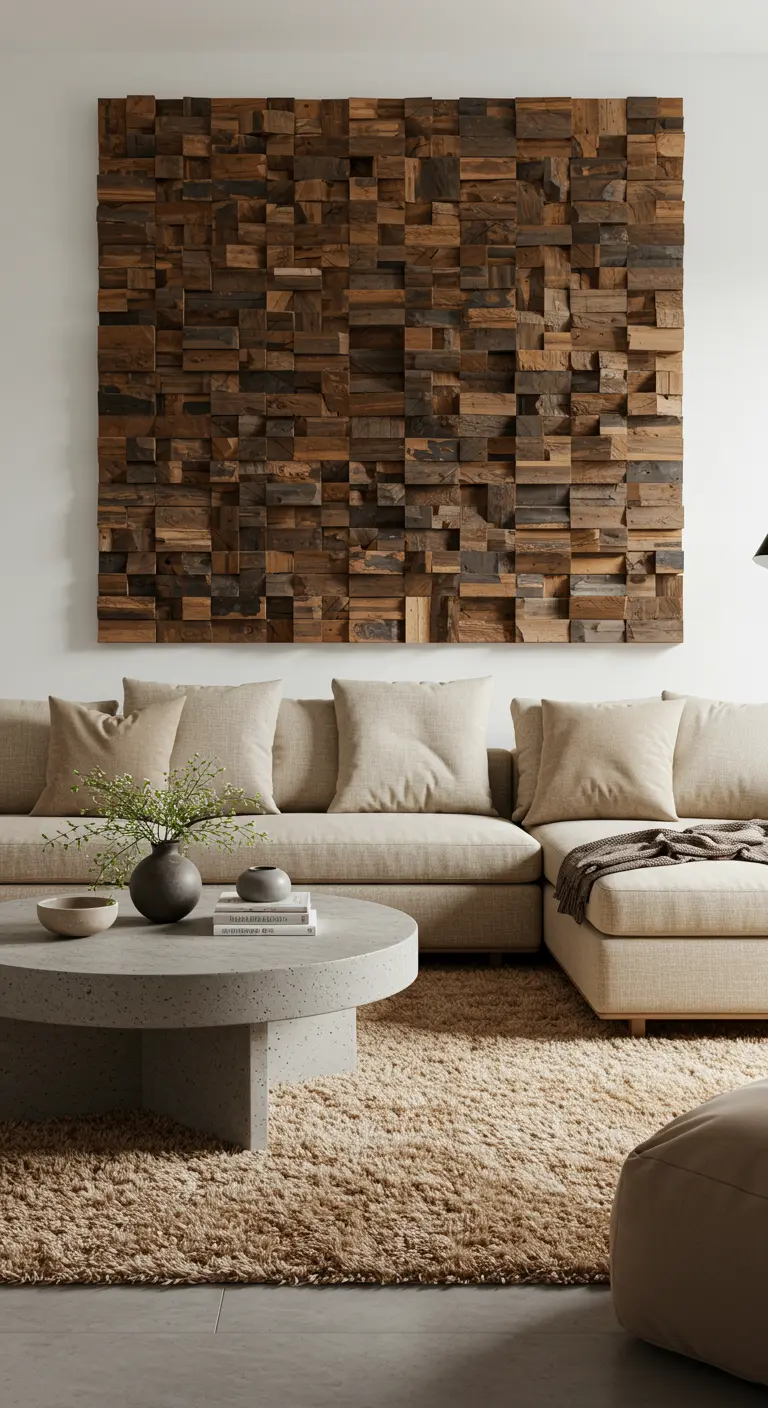 Gran panel de arte de pared hecho con bloques de madera de diferentes tonos y profundidades.