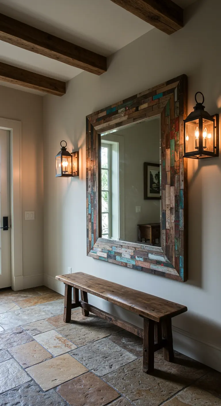 Espejo grande con un marco hecho de un mosaico de trozos de madera reciclada de varios colores.