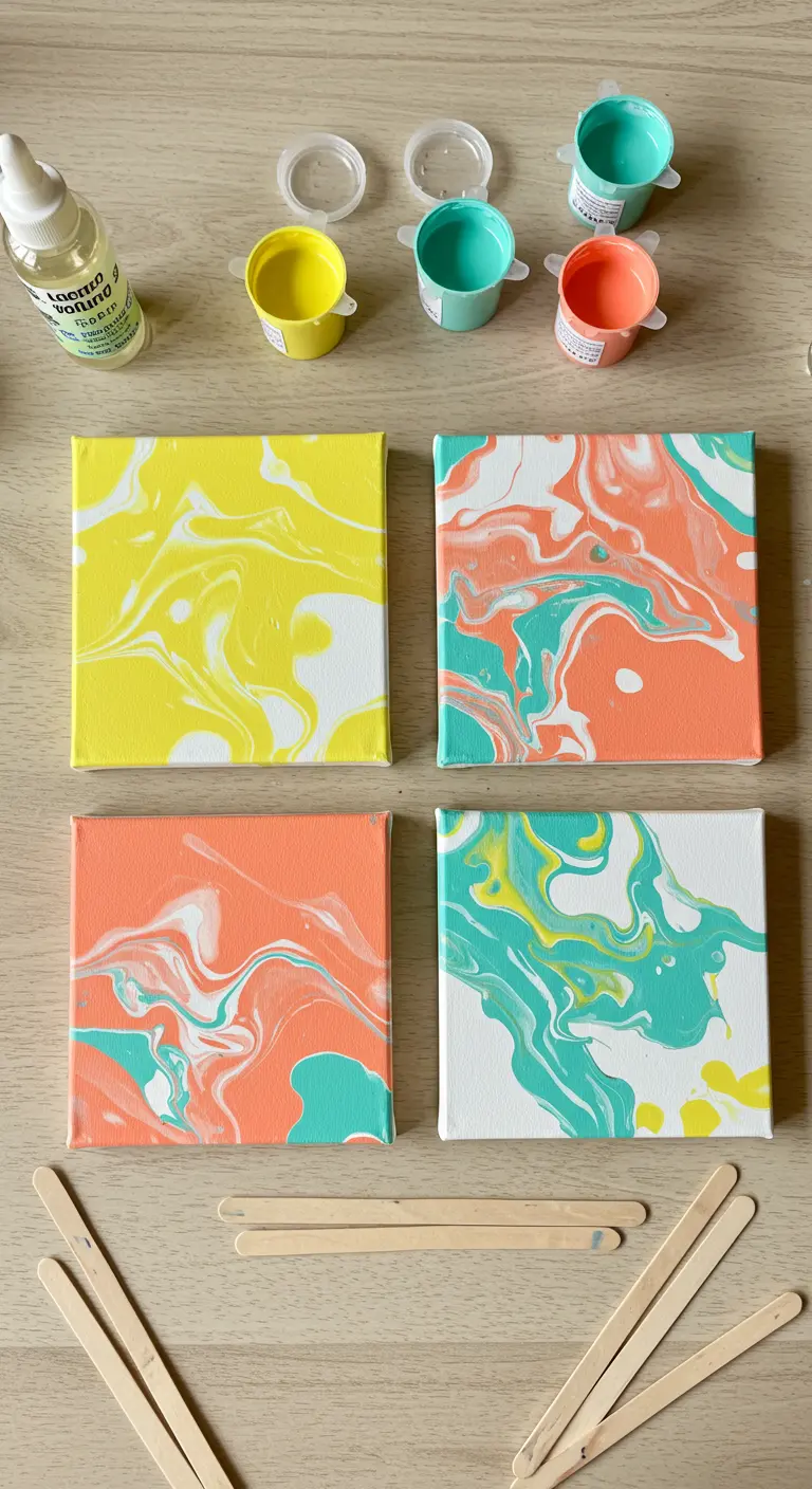 Cuatro mini lienzos con pintura fluida en colores veraniegos: coral, turquesa y amarillo